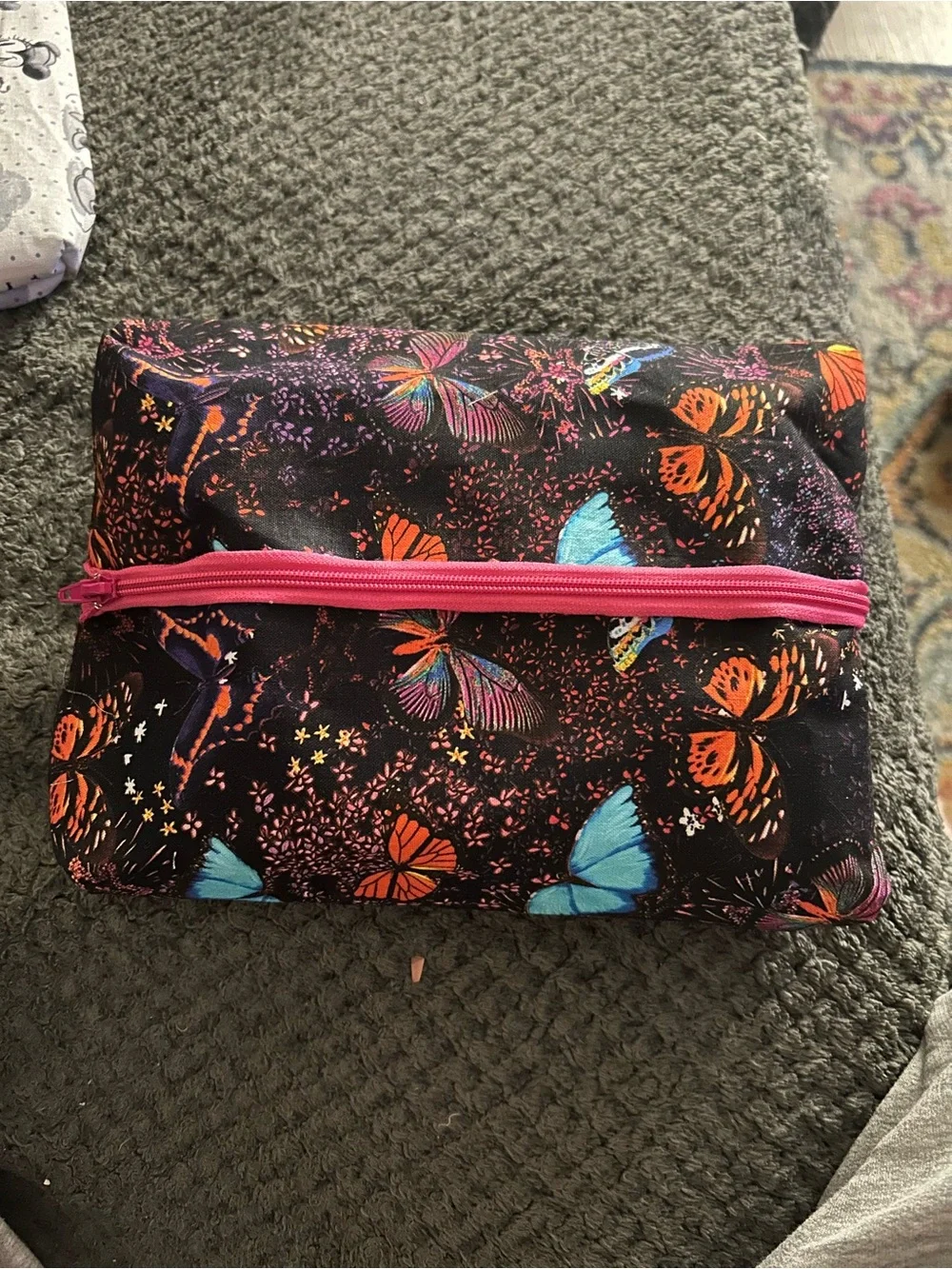 Hand Crafted Black Butterfly Cosmetic Pouch with Pink Zipper